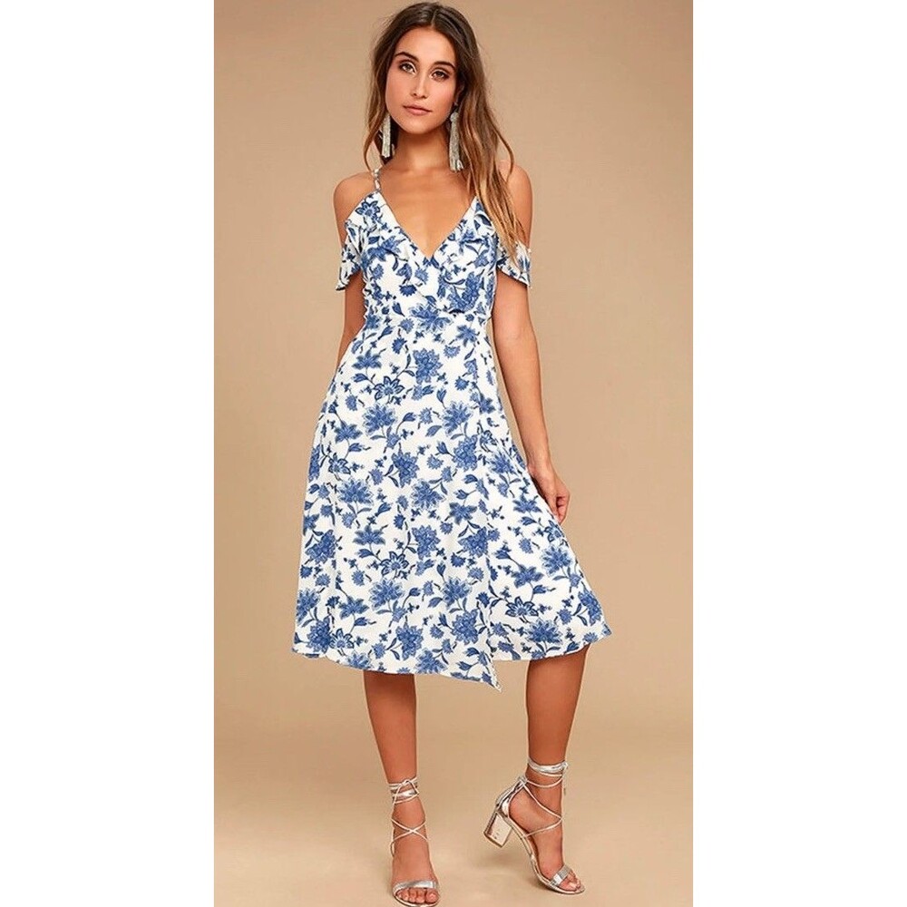 Lulus Arise Blue White Floral Off Shoulder Midi Dress Women’s Small NWT Wedding